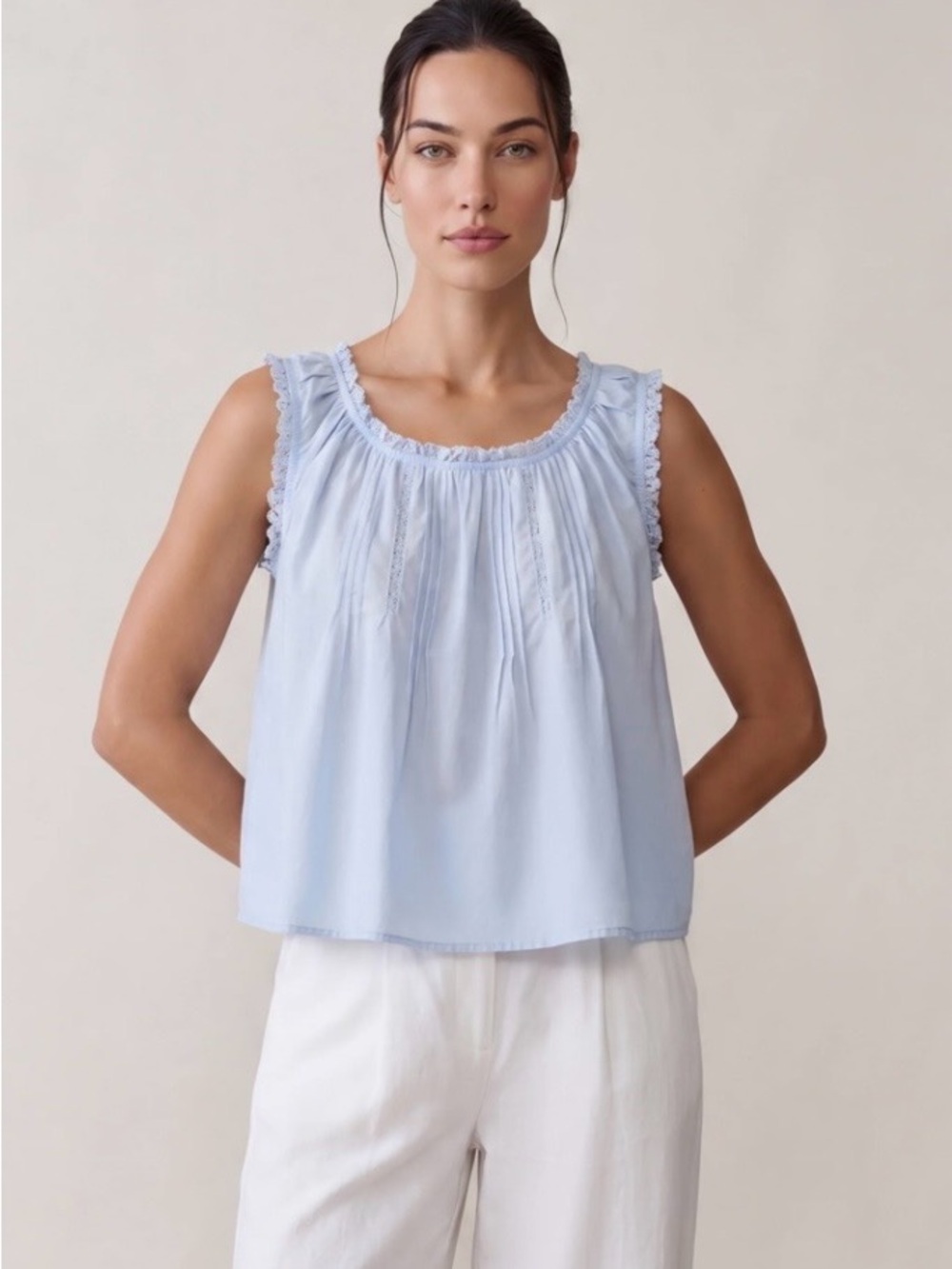 Few Moda Airy sorella cotton light blue top with lace-trimm S